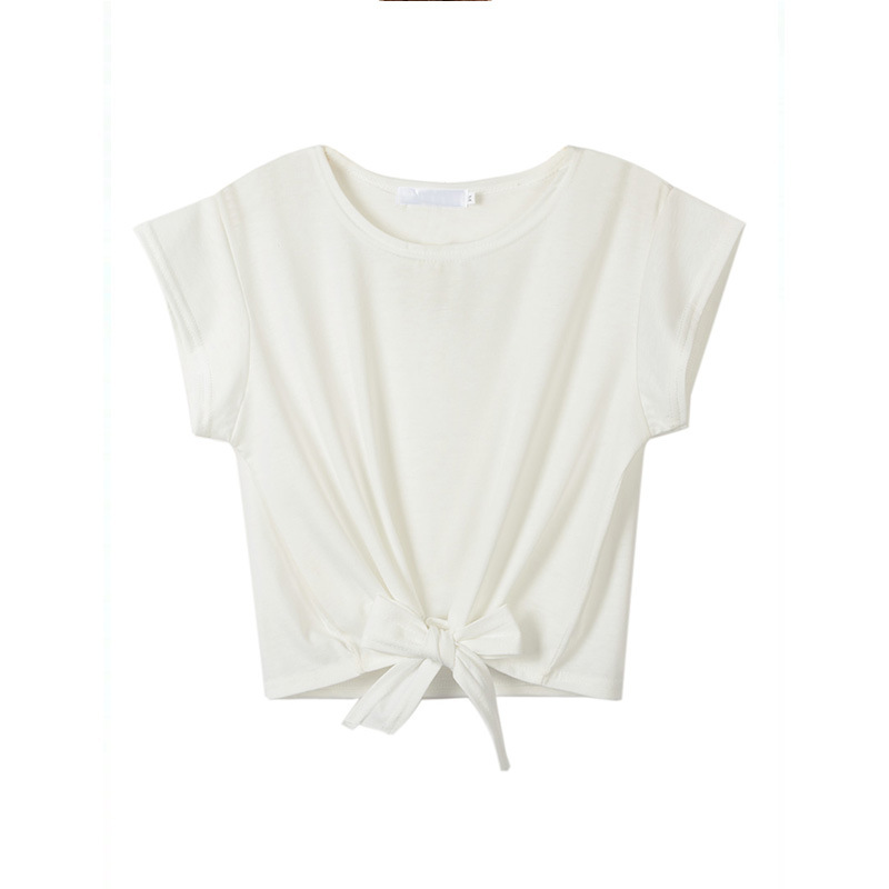 Cotton Crop Top Short Sleeve Round Neck Knot Design Casual Wear for Women Wholesale Available