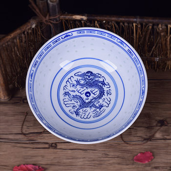 Blue and White Porcelain Bowl Rice Bowl Chinese Retro Nostalgic Household Underglaze Color Jingdezhen Porcelain Plus Word Printed Logo Dessert Bowl