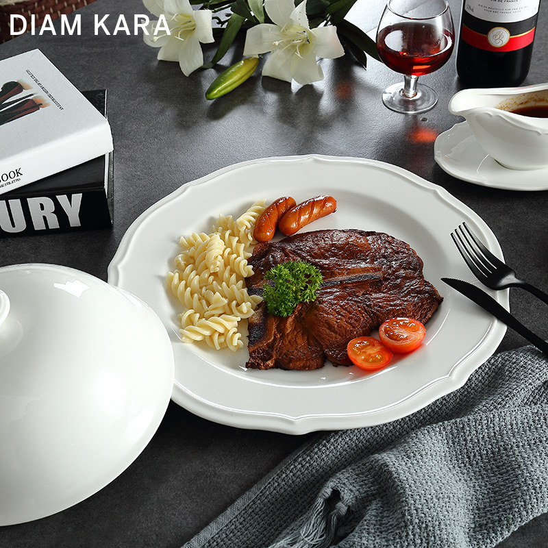 Pure White Steak Western Food Plate Hotel Household Ceramic Soup Plate Bowl Western Restaurant Creative Embossed Pattern Food Plate Tanghua