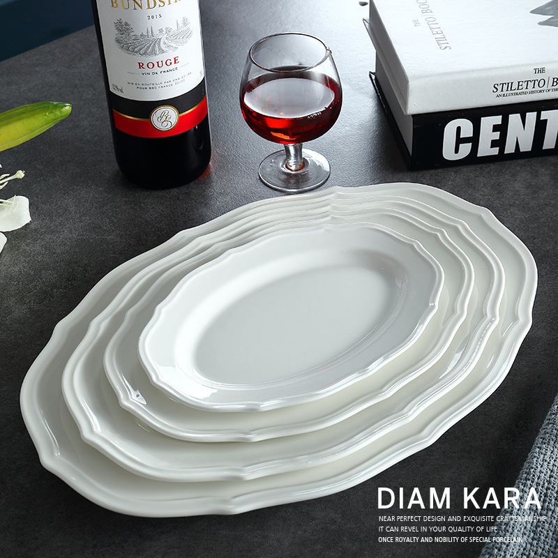 Pure White Steak Western Food Plate Hotel Household Ceramic Soup Plate Bowl Western Restaurant Creative Embossed Pattern Food Plate Tanghua