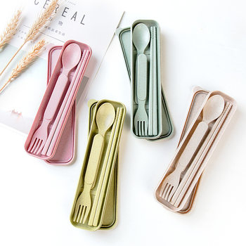 Creative Japanese and Korean Wheat Straw Spoon, Fork and Chopsticks Three-Piece Set Kidsren's Portable Tableware Outdoor Travel Tableware Set