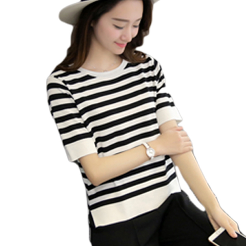 【现货】夏装宽松大码女装潮韩版打底衫 条纹短袖开叉上衣拼色T恤