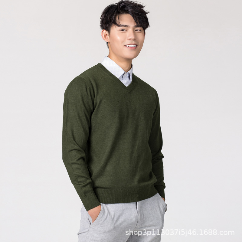 新款秋冬男士圆领针织宽松毛衣打底衫V领套头羊毛衫纯色大码毛衣