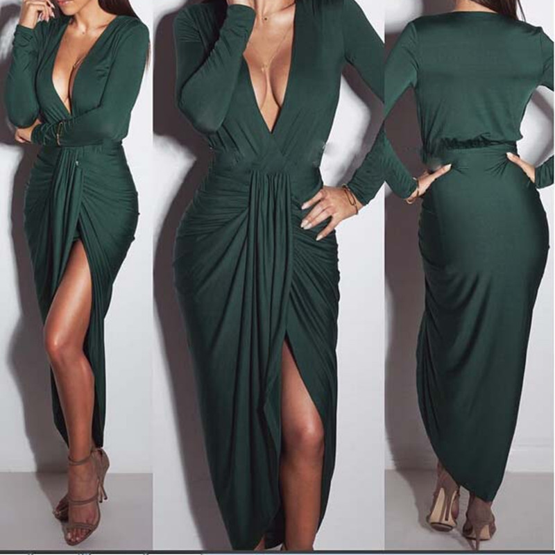 V Neck Long Sleeve Ruched Dress Cotton Blend Sexy Fashionable Nightclub Wear Wholesale Available