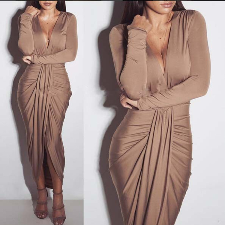 V Neck Long Sleeve Ruched Dress Cotton Blend Sexy Fashionable Nightclub Wear Wholesale Available