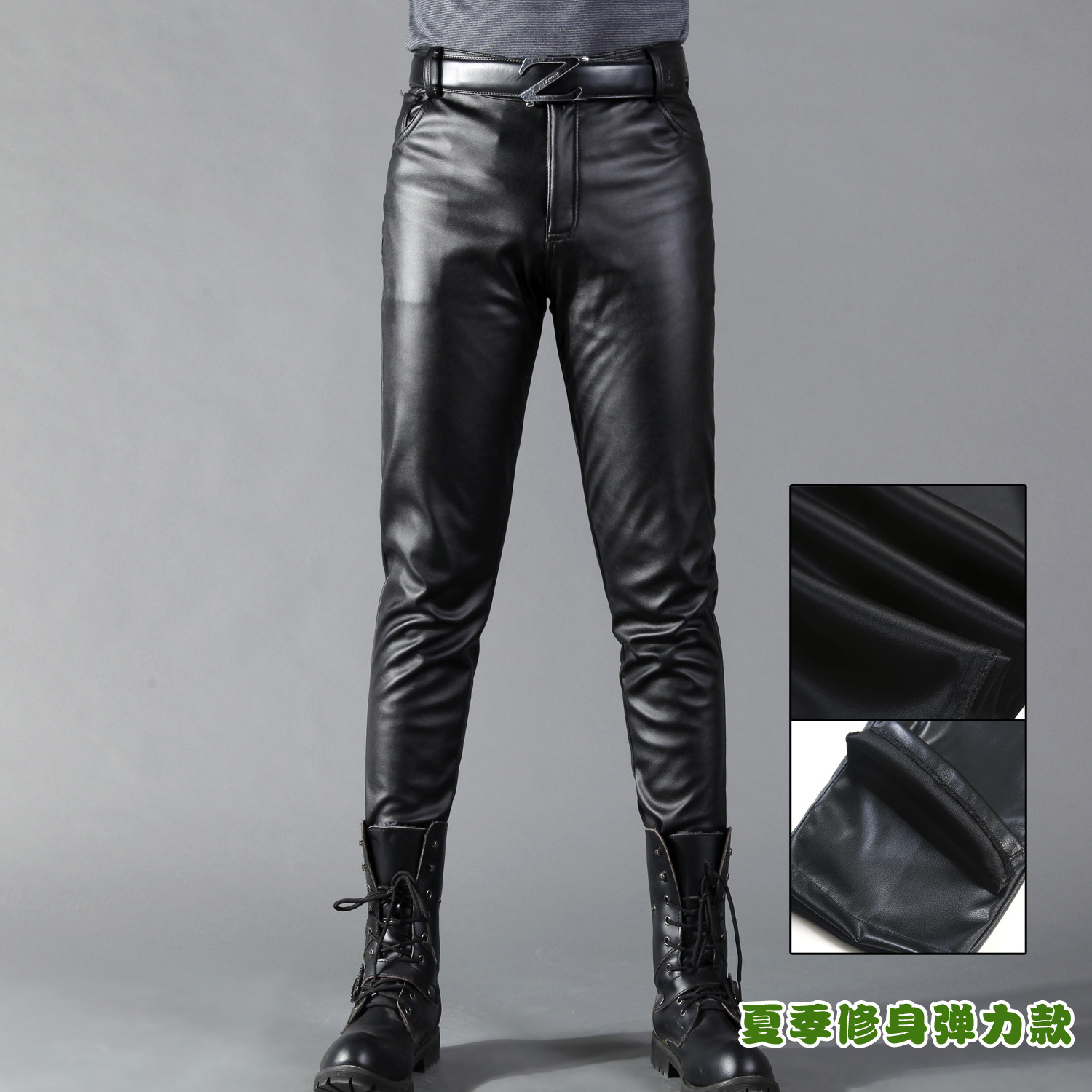 春秋季韩版修身皮裤男士小脚裤紧身弹力潮流机车皮裤男加绒长裤子
