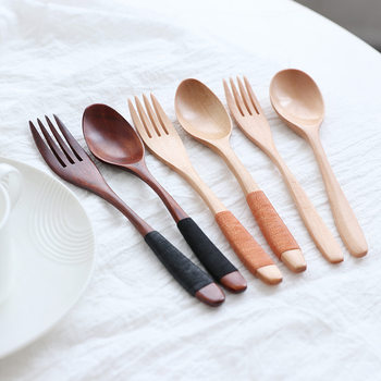 Wholesale creative wooden spoon Japanese tableware wavy handle hand-wrapped solid wood spoon fork suit wooden spoon fork