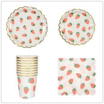 New fruit pink strawberry paper plate paper cup paper towel 7 inch 9 inch bronzing disc disposable party tableware suit