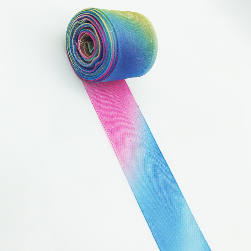 Factory 25mm rainbow gradient color colorful snow ribbon organza decoration wedding gift transparent mesh belt