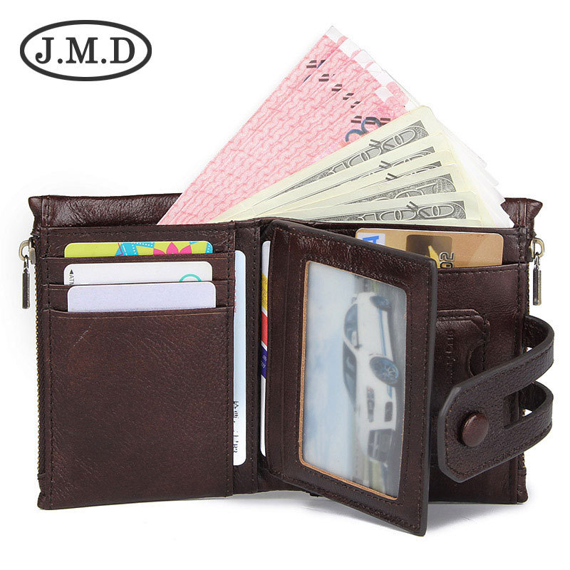 Ví da thật gập mini nam khóa kéo chống trộm RFID nhiều khe thẻ — Màu cà phê đậm, Màu vàng đậm