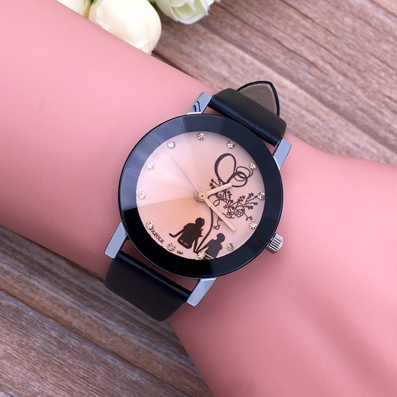 新时尚简约黑色表盘镶钻背影情侣表 韩国男女士皮带手表