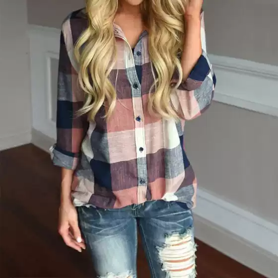 Cross-Border Women's Spring Plaid Shirt Popular Amazon European and American Lapel Casual Long-Sleeved Plaid Shirt Top 1311