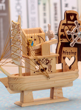 创意发条风车沙漏音乐盒摆件 镜面跳舞卡通熊生日礼物木质八音盒