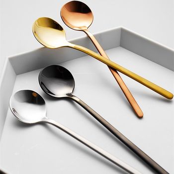 Creative Stainless Steel Small Round Spoon Long Handle Honey Spoon Factory Golden Dessert Spoon Souvenir Exquisite Round Head Coffee Spoon