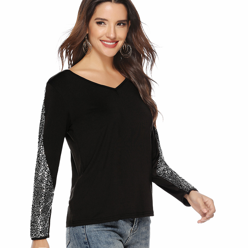 Sequin Patchwork Long Sleeve V Neck T Shirt for Women Autumn Winter Fashion Casual Wear Wholesale Available