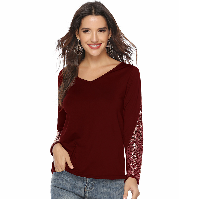 Sequin Patchwork Long Sleeve V Neck T Shirt for Women Autumn Winter Fashion Casual Wear Wholesale Available