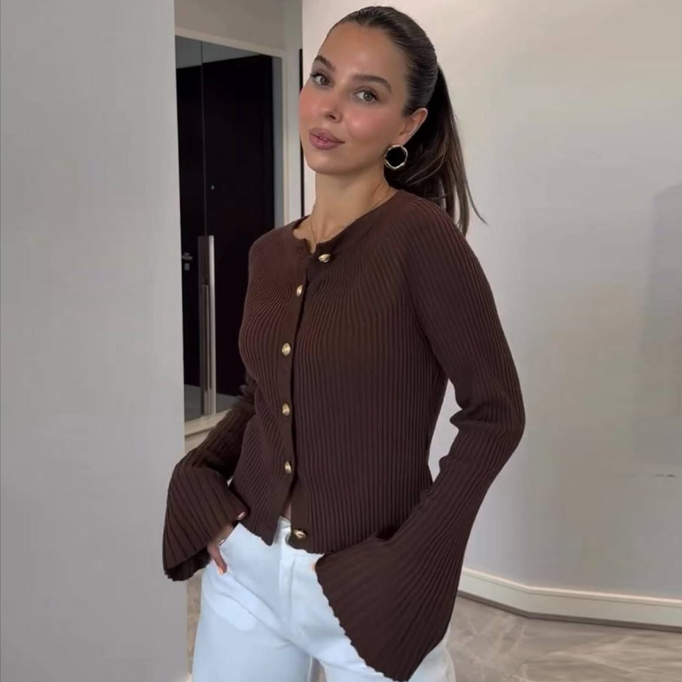 坑条长袖针织衫女纯色打底螺纹上衣单排扣跨境欧美2025秋冬针织衫