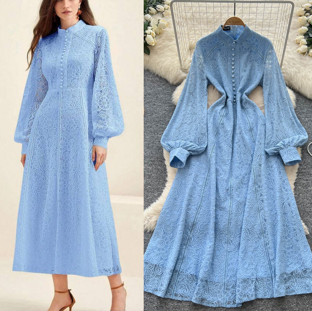 French Court Style Dress Elegant Lace Slim Fit Single Breasted Long Sleeve Autumn Fashion for Women Wholesale