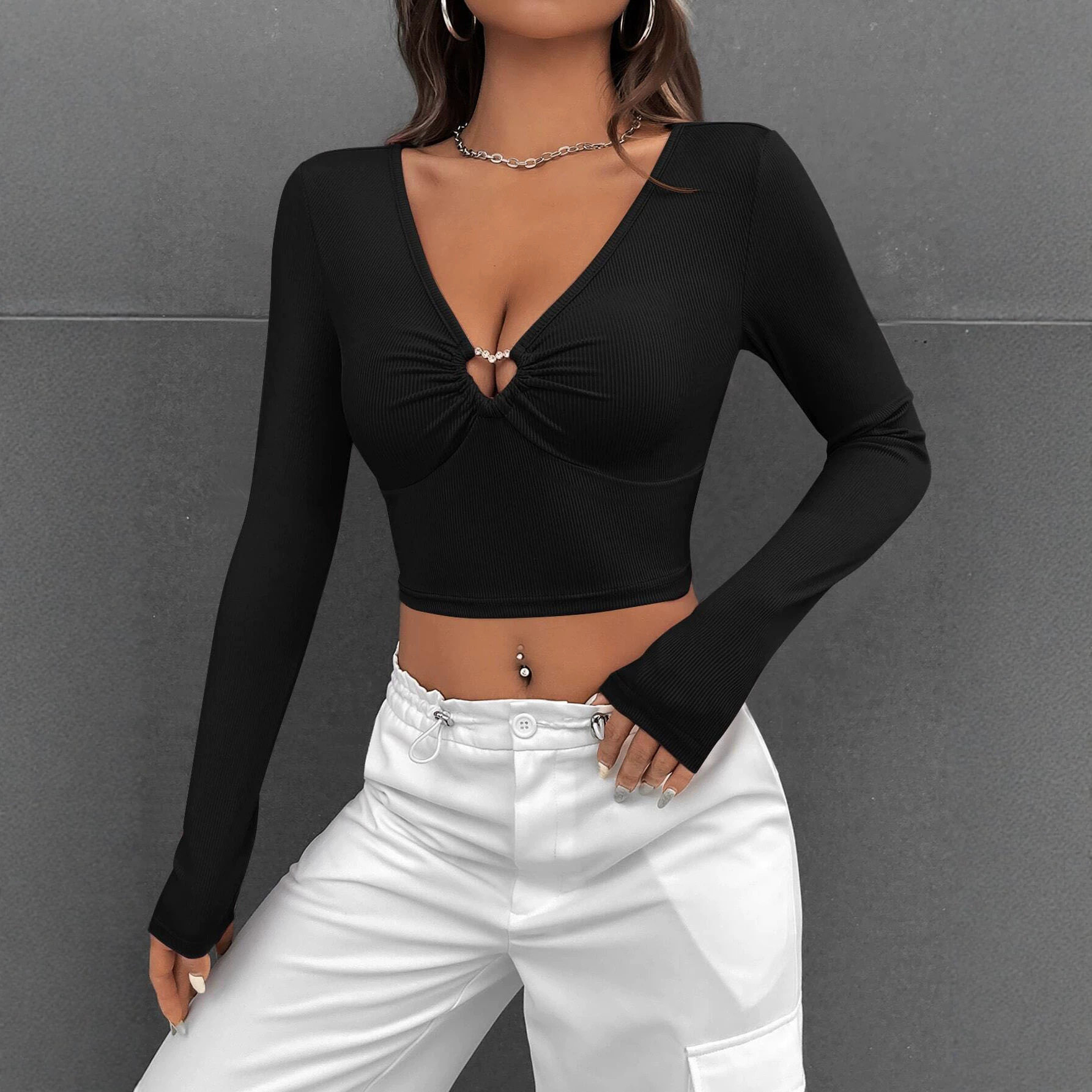 Black V Neck Hollow Out Long Sleeve T Shirt Slim Fit Waist Cinching Sexy Style Casual Wear for Women Wholesale