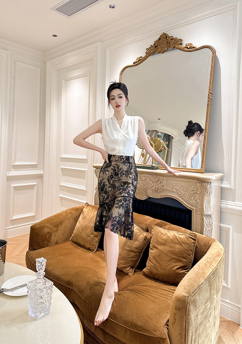 Chân váy ren ôm sát dáng cá đuôi dài midi — [Đen Champagne] chi tiết 16