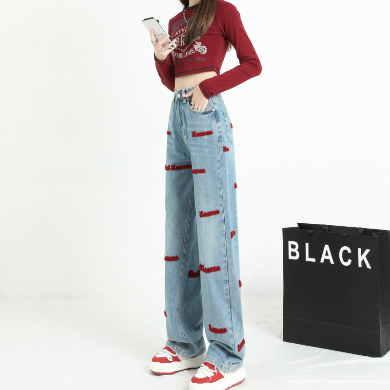 Womens Embroidered Straight Leg Denim Pants American Design Wide Leg Unique Style Spring Collection Wholesale