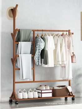 Simple Coat Rack Floor-Standing Bedroom Storage Rack Multi-Functional Shoe Rack Clothes Hanger Integrated Solid Wood Clothes Storage Rack