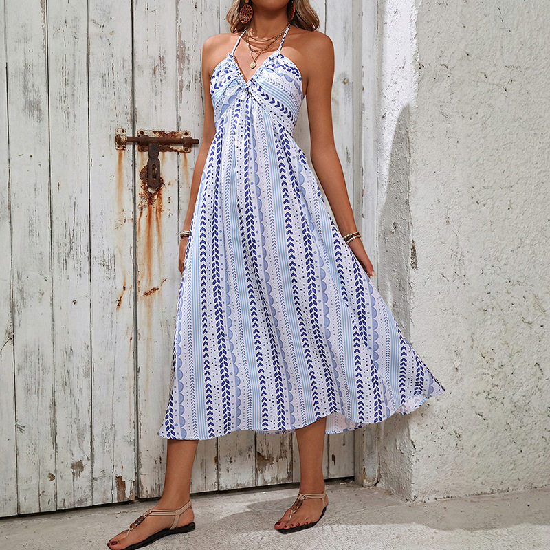 Geometric Print Halter Dress Summer Style Beach Vacation Ready Lightweight Fabric Comfortable Fit Wholesale