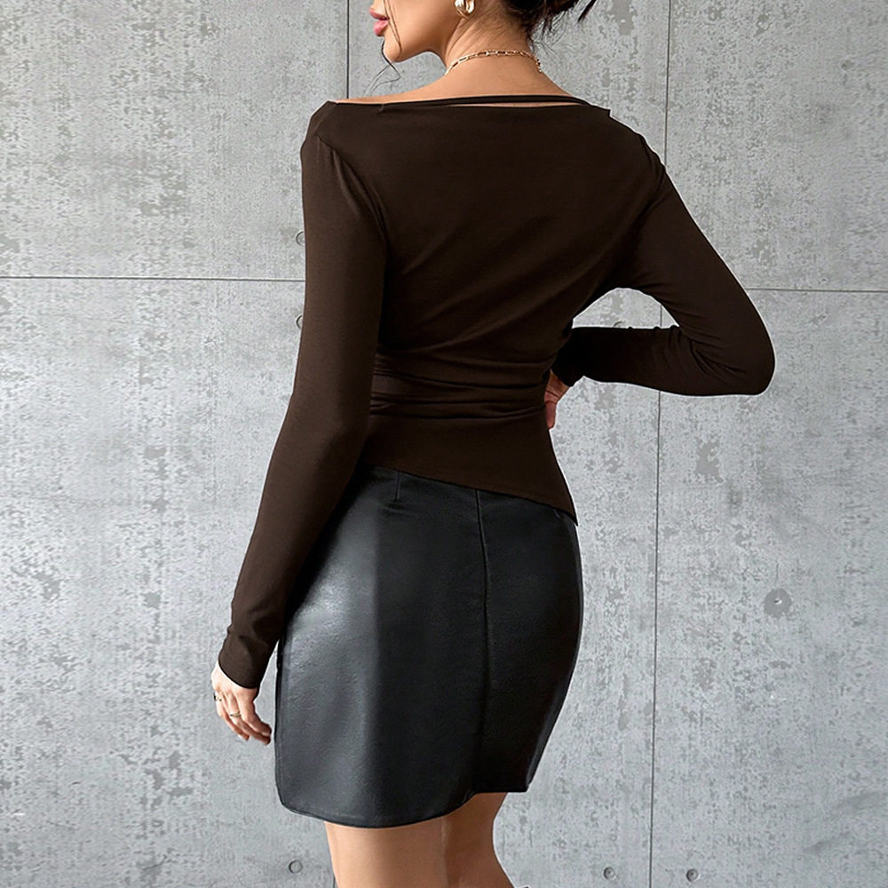 Irregular Hem Long Sleeve Top Small V Neck Waist Cinching Design Elegant Style Perfect for Casual or Formal Occasions