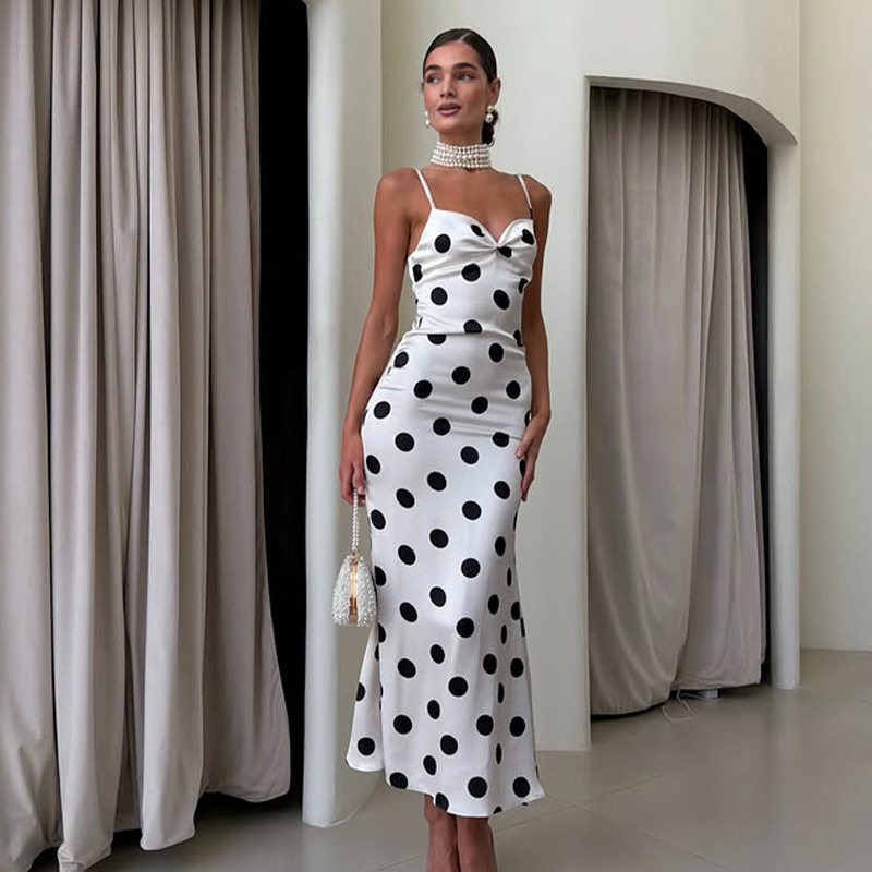 Elegant Polka Dot Midi Dress Slim Fit Satin Fabric Strapless Summer Style Wholesale Available