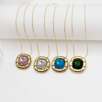 Korean style ins light luxury fashion square colored diamond necklace women's popular personality temperament titanium steel clavicle chain wholesale all-match