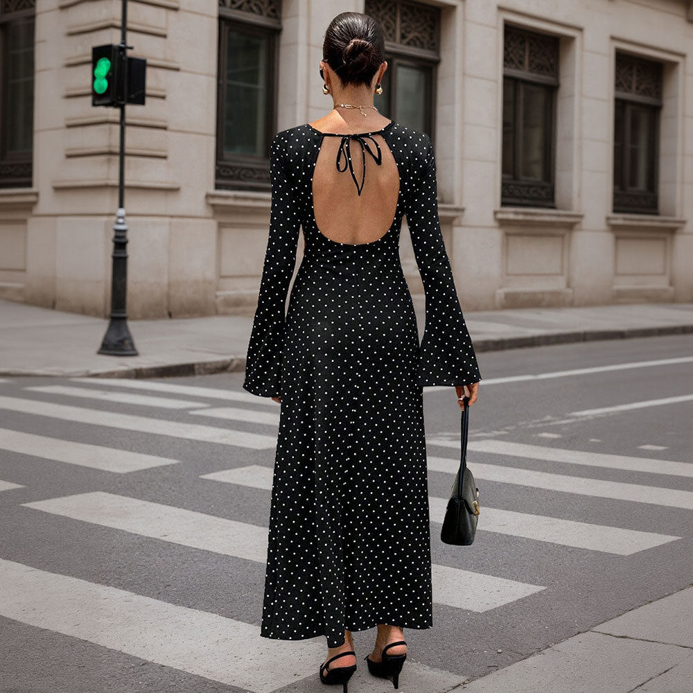 Black Polka Dot Maxi Dress for Women Long Sleeve Open Back Slim Fit Adjustable Tie Spring Summer Occasion