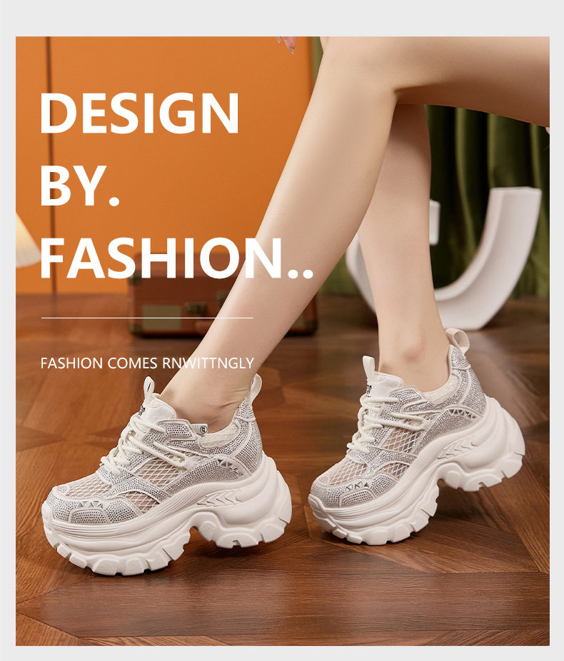 Sneaker nữ chunky đế dày rhinestone mũi tròn dây buộc — Trắng, Bạc, Đen chi tiết 10