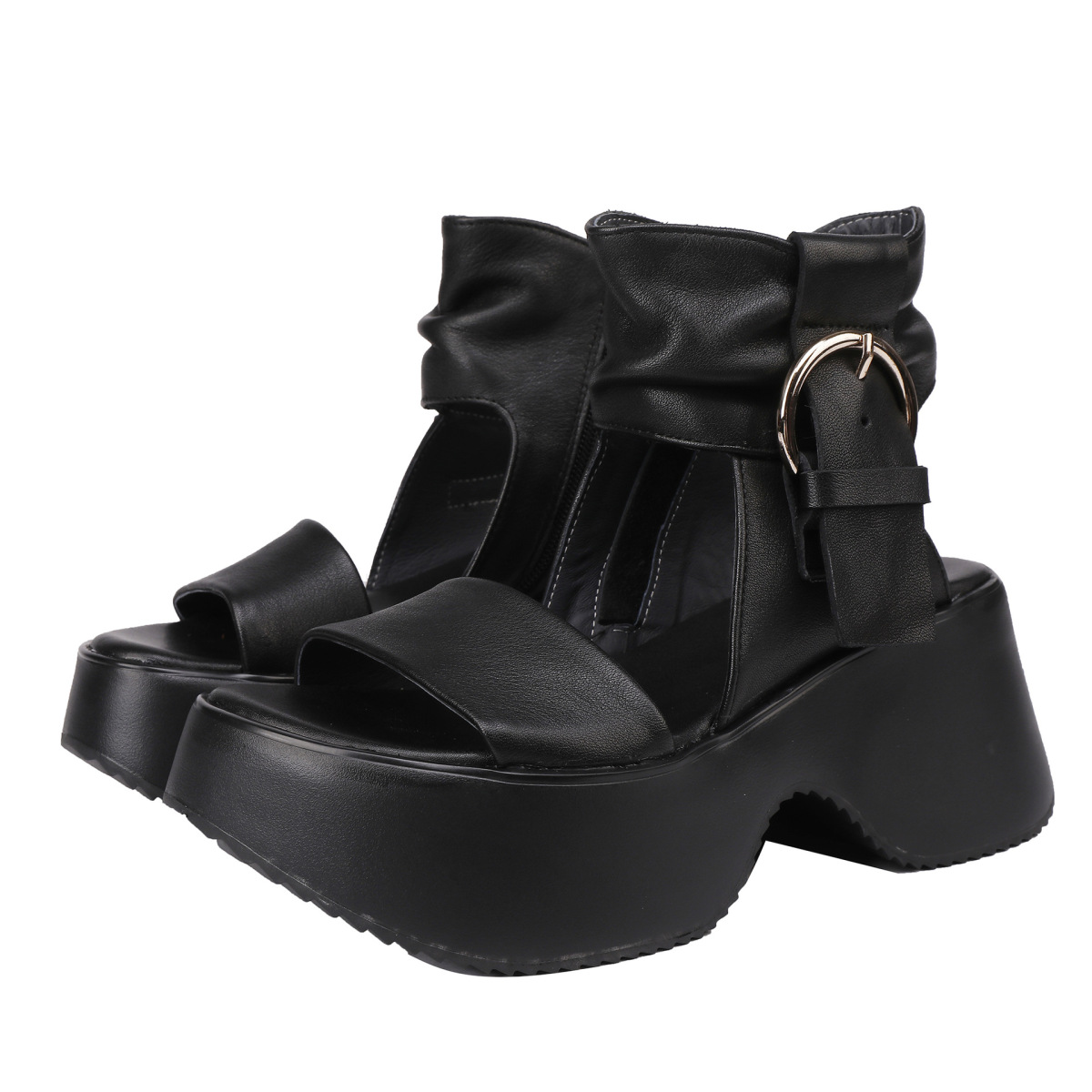 Sandal nữ mũi hở đế dày da bò thật phong cách cổ điển — màu đen, Màu nâu