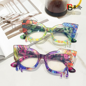 Cross-Border Fashion New Colorful Pattern Anti-Blue Light Flat Mirror European and American Trendyy Asymmetrical Glasses Frame Bl2409
