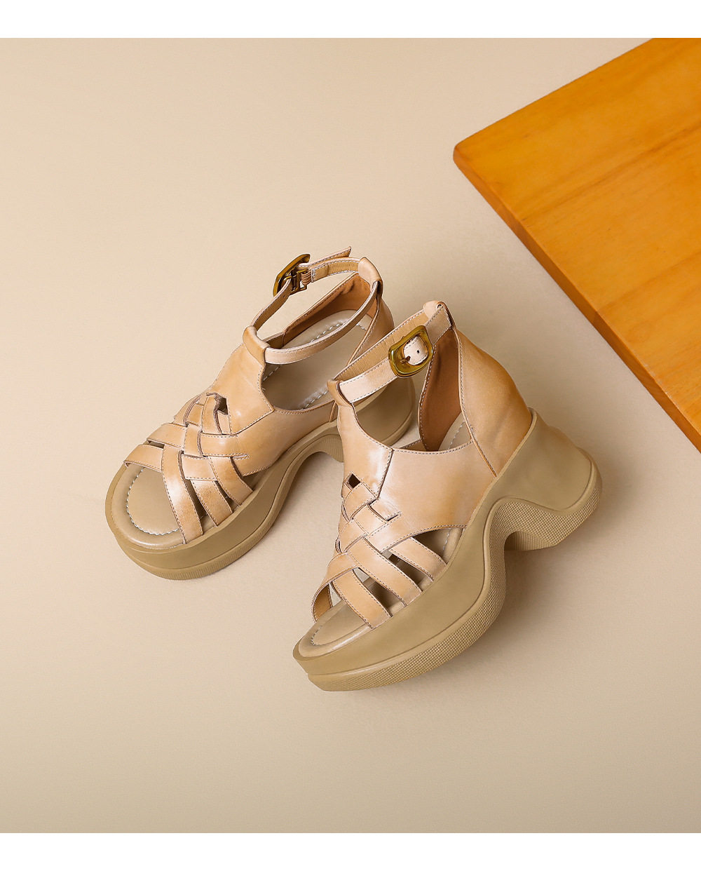 Sandal nữ da bò đan kiểu retro, gót đế xuồng 8 cm, hở mũi — [Đen], [Trắng kem] chi tiết 13