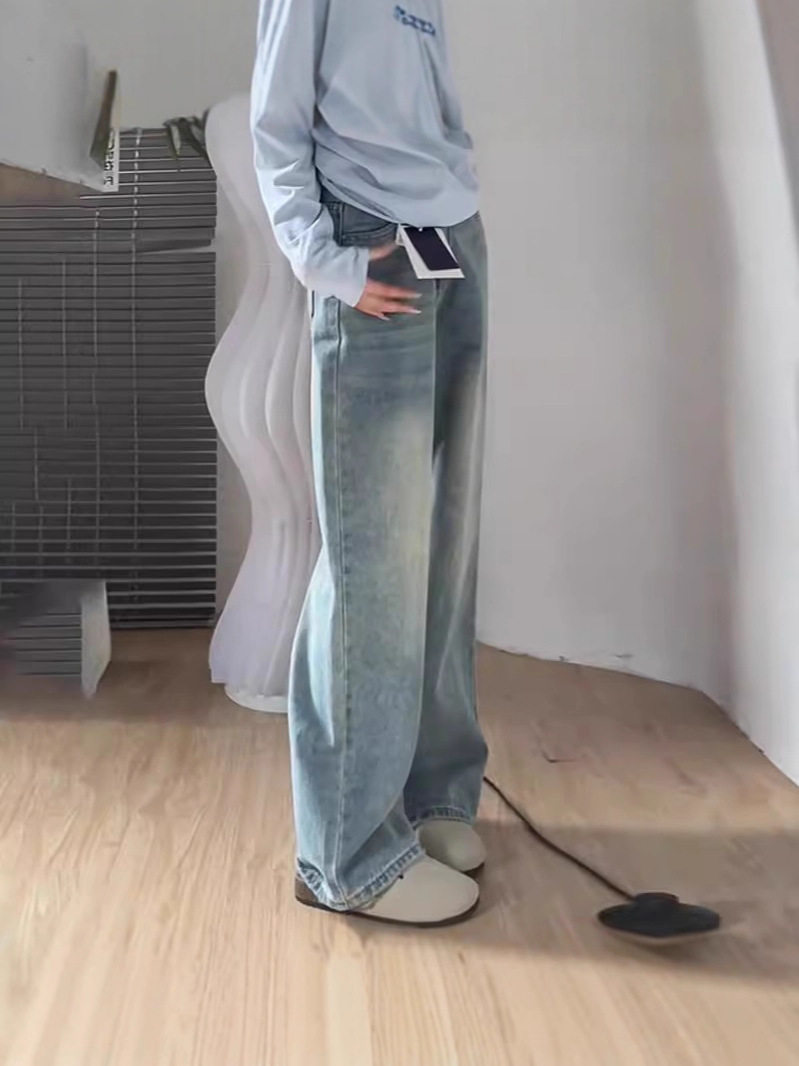 Plus-Size Wide-Leg New Loose Women's Autumn Floor-Length Drape Straight Pants for Curvy Women, Petite High-Waisted Jeans