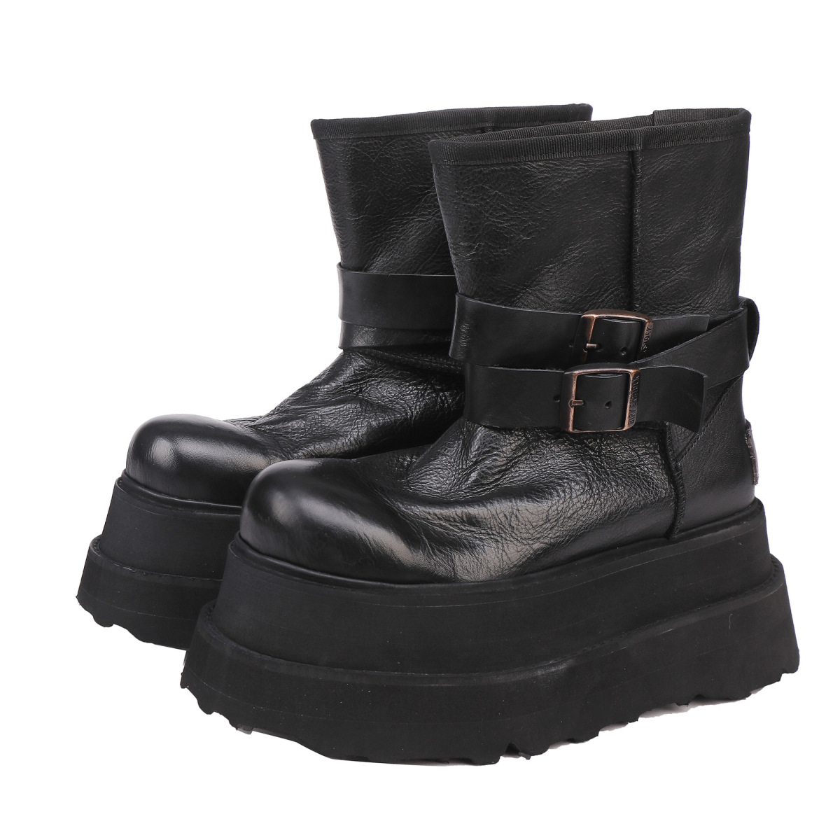 Boot nữ cổ trung da bò thật đế dày tăng chiều cao khóa kéo bên — màu đen, màu nâu