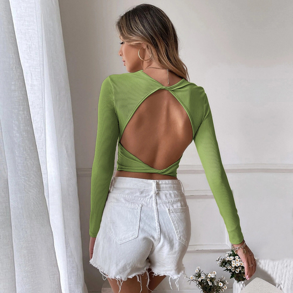 Womens Casual Knit Long Sleeve T Shirt Slim Fit Sexy Backless Design Comfortable Fabric Perfect for Everyday Wear