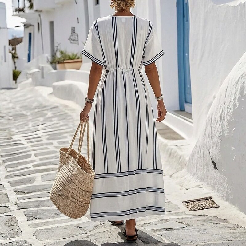 Summer Womens Dress Elegant Casual Loose Striped V Neck Long Dress Beach Vacation Style Wholesale Available