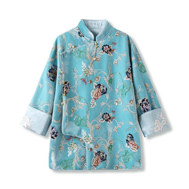 Áo sơ mi nữ dài tay cổ đứng thêu hoa đính sequin chất liệu satin mềm — Tianshuiqing (phát hành cùng ngày), Tianshuiqing (tóc 7 ngày)