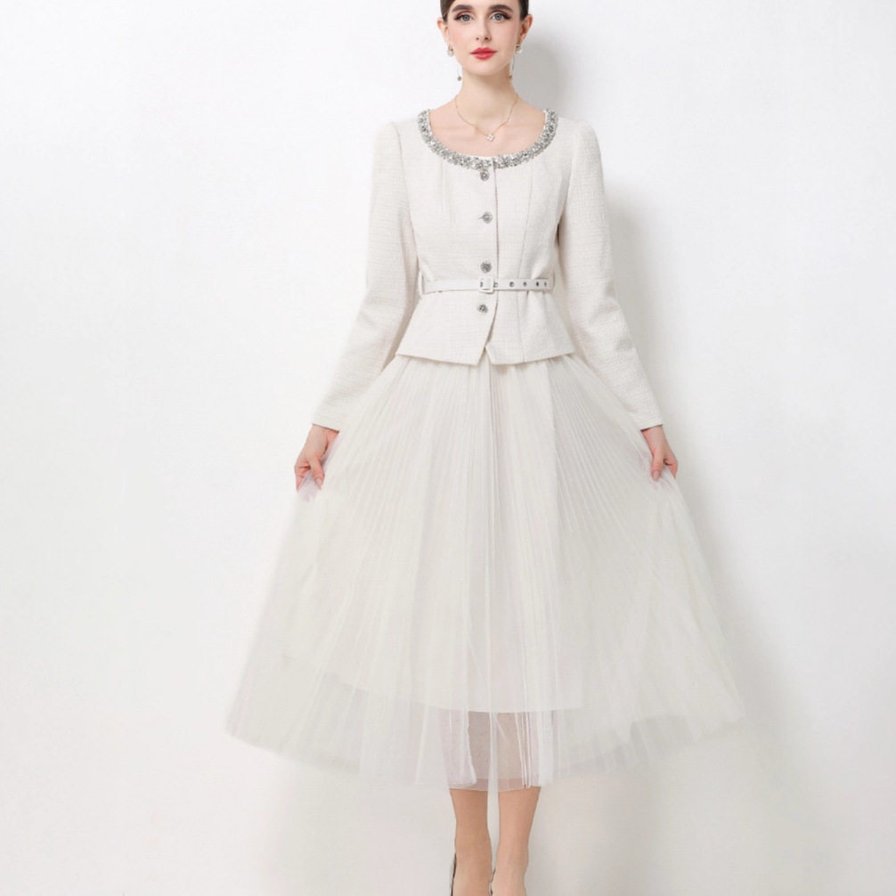 Chic Womens Suit Jacket Beaded Round Neck Waist Cinched Design High Waisted Tulle Pleated Skirt Elegant French Style