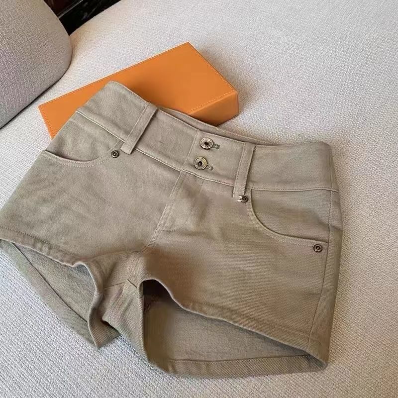 Khaki Low Rise Casual Womens Denim Shorts Loose Fit Stretch Fabric Spring Summer Wear