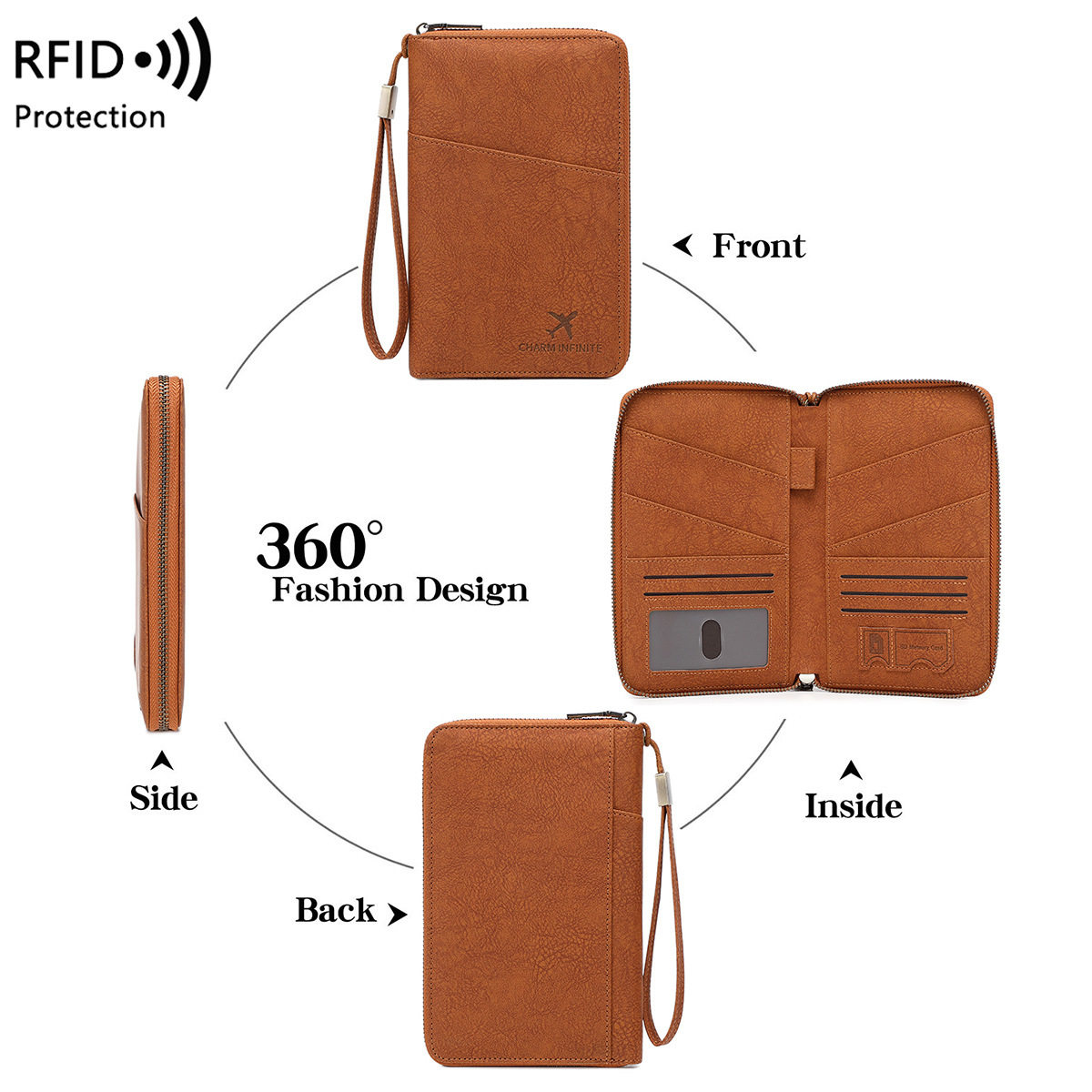 Cross-Border New Rfid Anti-Magnetic Passport Bag Long Zipper Passport Holder Multi-Functional Travel Ticket Storage Document Bag