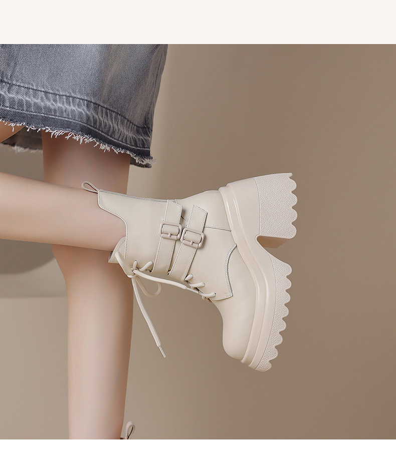 Boot nữ gót dày 10cm cổ thấp da bò thật, đế cao su chống trượt, khóa kéo bên — Lớp lót đơn màu be, Lớp lót đơn màu đen, Lớp lót nhung đen, Lớp lót nhung màu be