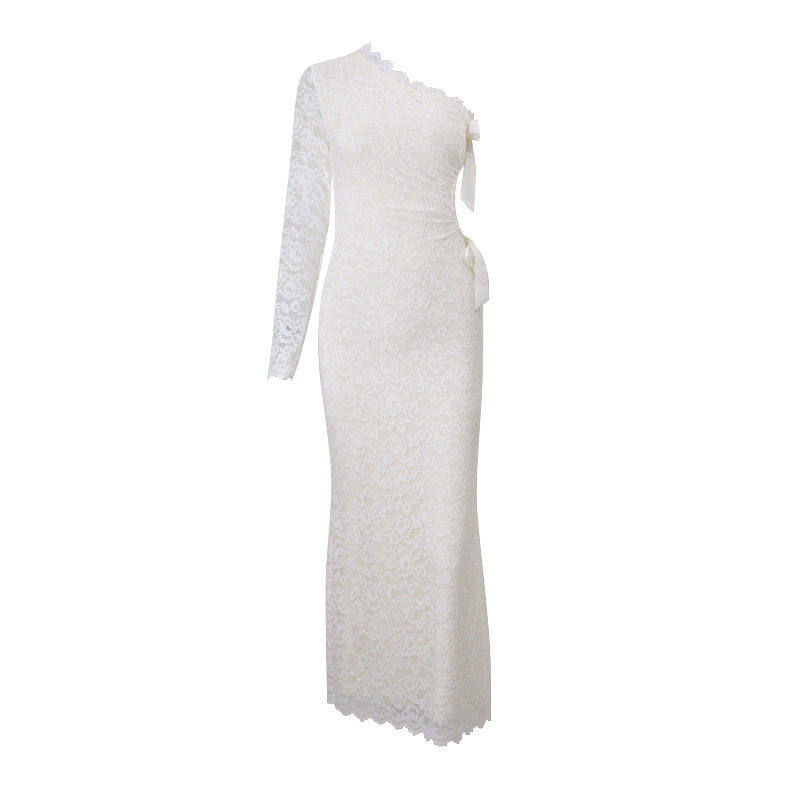 Lace One Shoulder Dress Sexy Hollow Out Long Sleeve Bow Detail Autumn Winter Fashion Wholesale Available