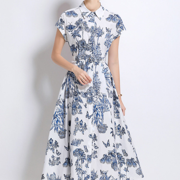 French Vintage Bamboo Leaf Print Shirt Dress Single Breasted Waist Defining A Line Silhouette Summer Casual Wear