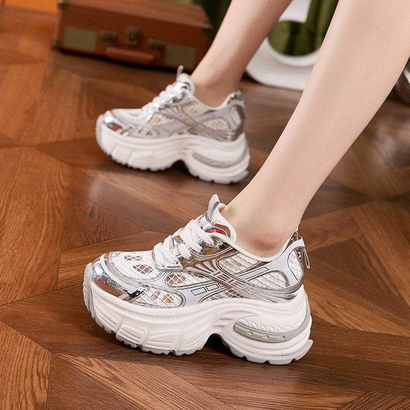Giày sneaker nữ chunky đế dày mũi tròn, phong cách thể thao casual, đế cao 8 cm — Trắng, Hồng