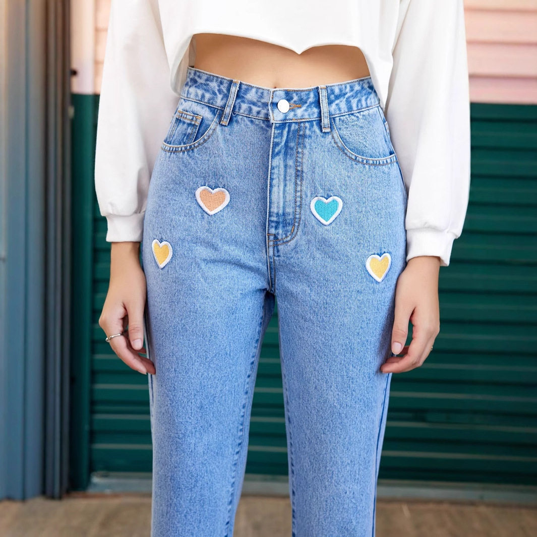 Womens Embroidered Straight Leg Denim Trousers Loose Fit Versatile Style Fashionable Design Casual Wear Wholesale
