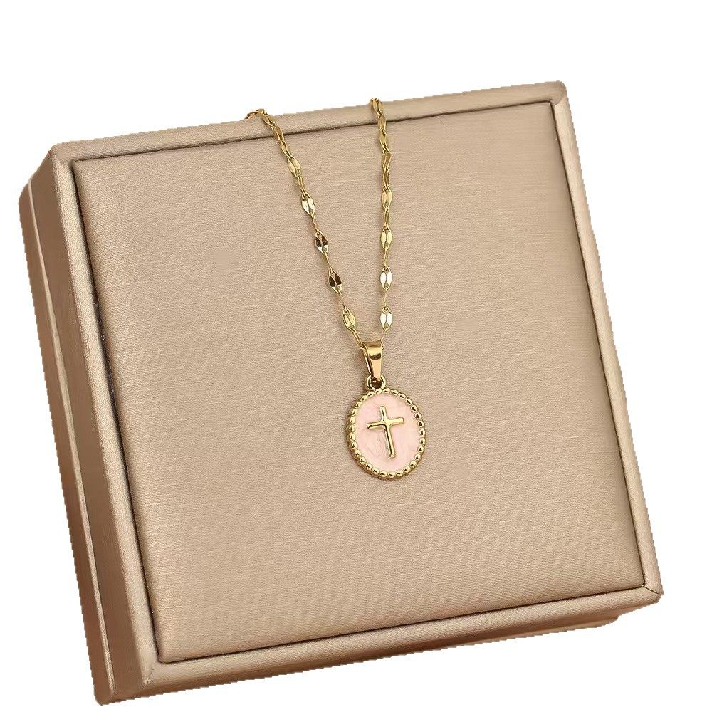 Cross-Border Popular Item for National Day and Mid-Autumn Festival Travel, Easy to Carry, Lightweight, Oil-Dropping Round Cross Stainless Steel Pendant Necklace