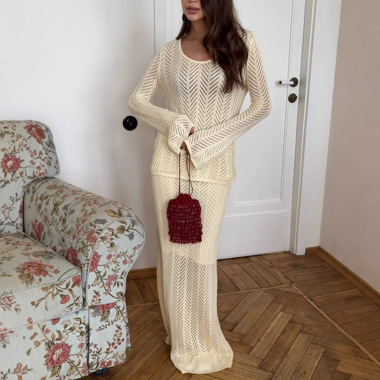 Two Piece Set Hollow Knit Skirt and Long Sleeve Top French Vacation Style Cotton Casual Ready to Ship